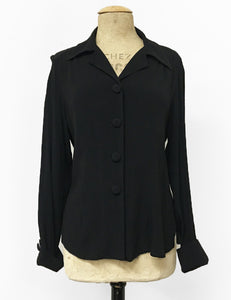 Solid Black 1940s Style Button Up Hepburn Blouse