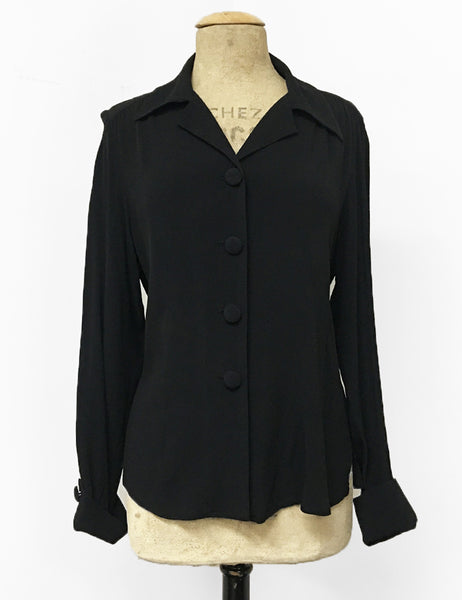 Solid Black 1940s Style Button Up Hepburn Blouse