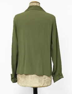 Solid Olive Green 1940s Style Button Up Hepburn Blouse