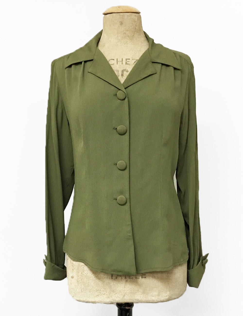 Solid Olive Green 1940s Style Button Up Hepburn Blouse