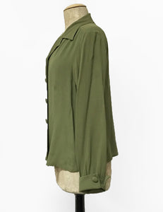 Solid Olive Green 1940s Style Button Up Hepburn Blouse