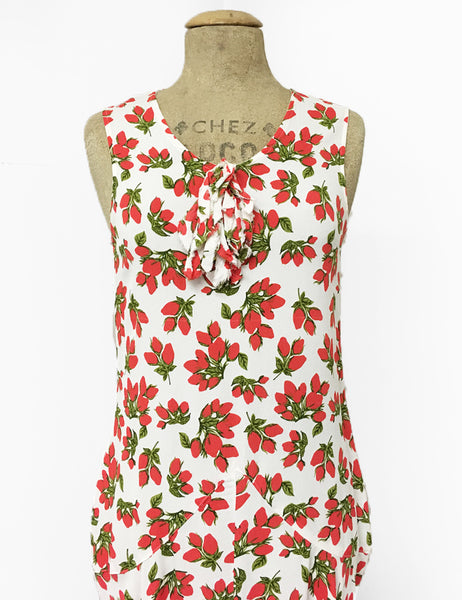 Ivory & Red Rosebud Sleeveless 20s Charleston Flapper Dress - FINAL SALE