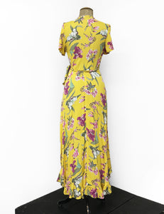 1970s Inspired Yellow & Purple Iris Bohemian Hi Low Ruffle Maxi Dress