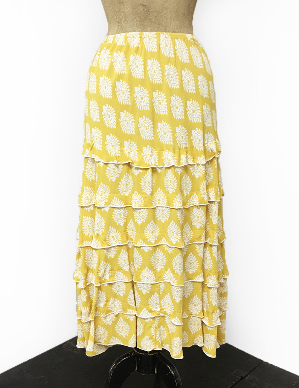 Yellow Vintage Turtle Stamp Print Layered Boot Length Cake Skirt